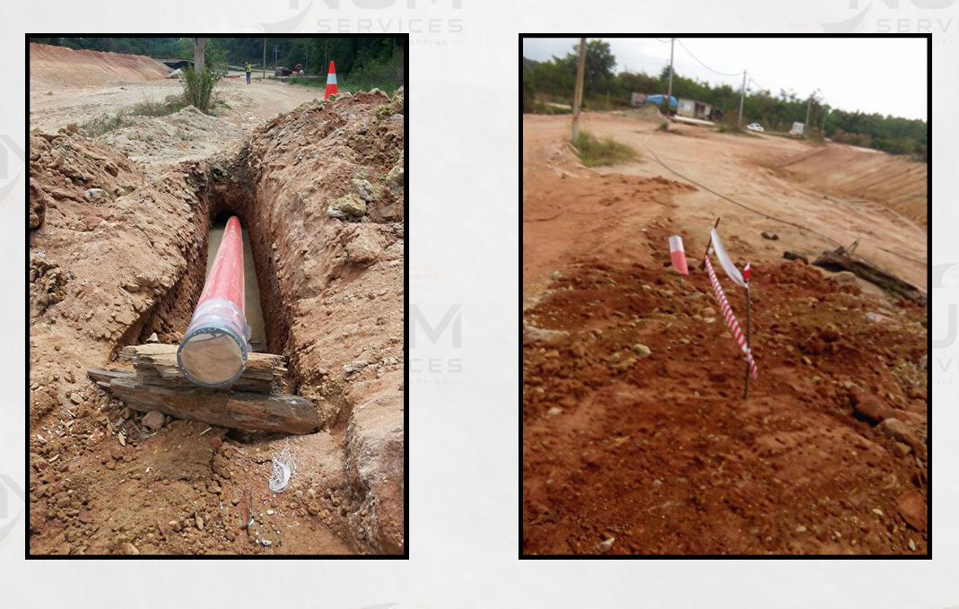 Site photos of a laid pipeline in an open trench and a marked backfilled utility route