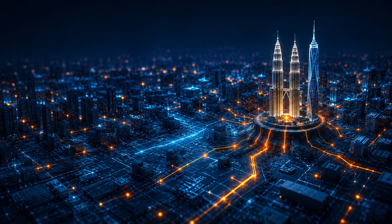 Kuala Lumpur skyline at night with Petronas Twin Towers over an illuminated geospatial utility network grid