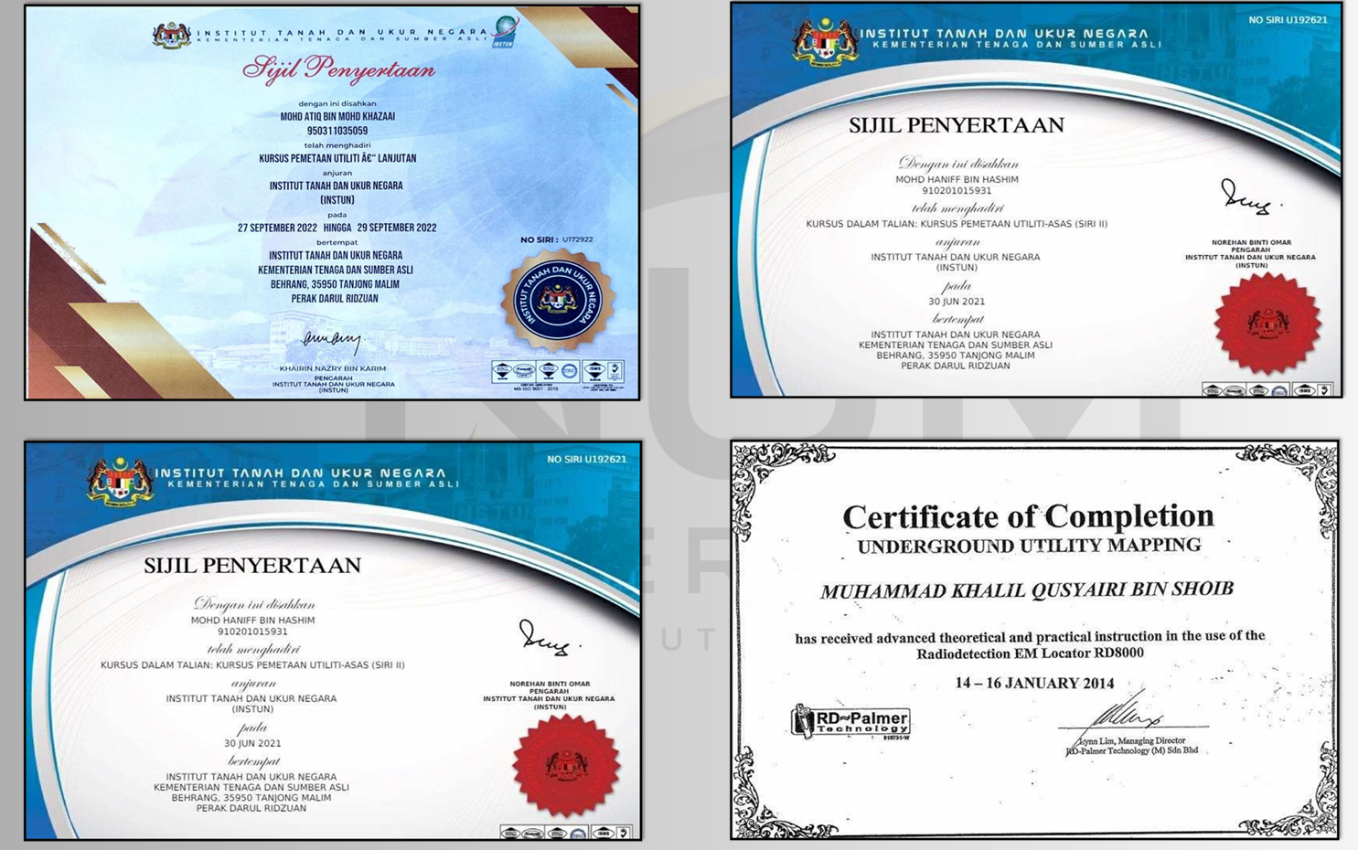 INSTUN utility mapping course certificates and Radiodetection RD8000 underground utility mapping certificate of completion