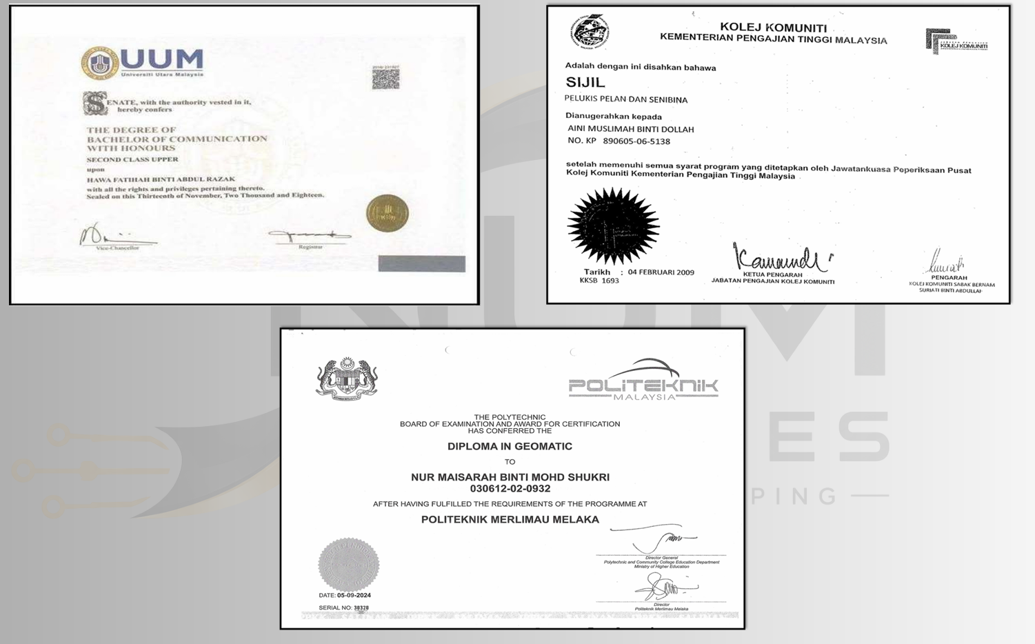 Academic qualifications including UUM bachelor degree, Kolej Komuniti certificate and Politeknik Diploma in Geomatic