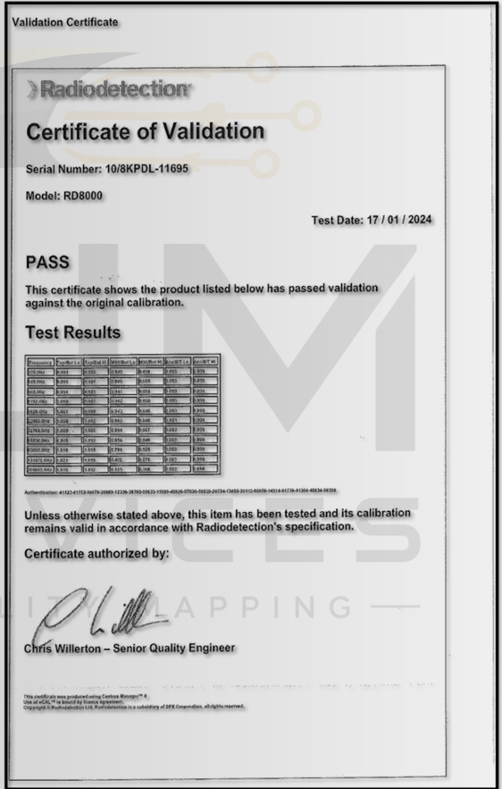Radiodetection Certificate of Validation for RD8000/RD8200 locator, PASS result dated 17/01/2024