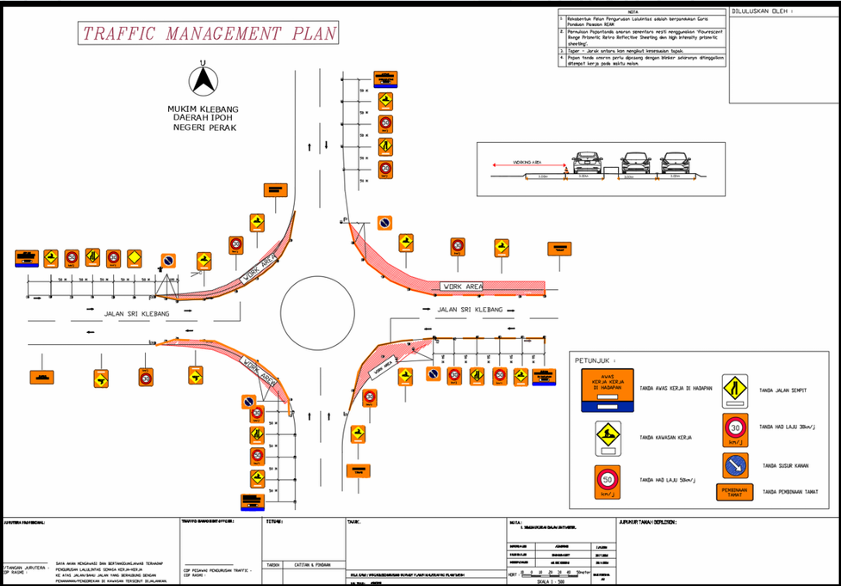 Traffic Management Plan drawing showing signage layout and work zones at a roundabout